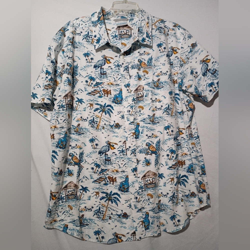 Columbia Men's Casual Button Down Shirt - Blue and Yellow Tropical Print
